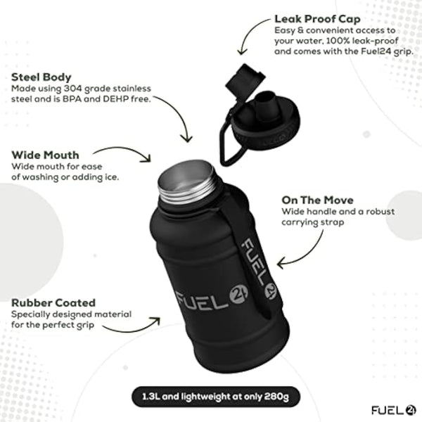 Fuel24 1.3L/2.2L Black Water Bottle Metal - STRONG, Drop & Leakproof BPA free 2L 1L Stainless Steel Water Bottle (1 Litre) - Large Gym Bottles for Men, Sports Water Bottle, Travel, Hiking Water Bottle