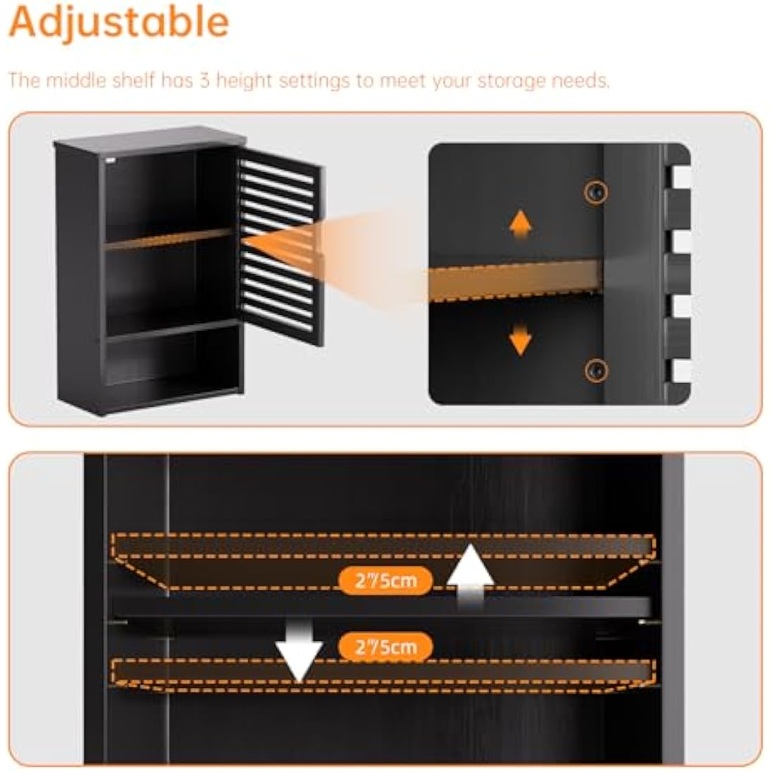 HITNET Bathroom Storage Cabinet Wall Mounted, Hanging Medicine Cabinet with Adjustable Shelf, Over the Toilet Space Saver Organizer, Black Bamboo Kitchen Cupboard, Single Door