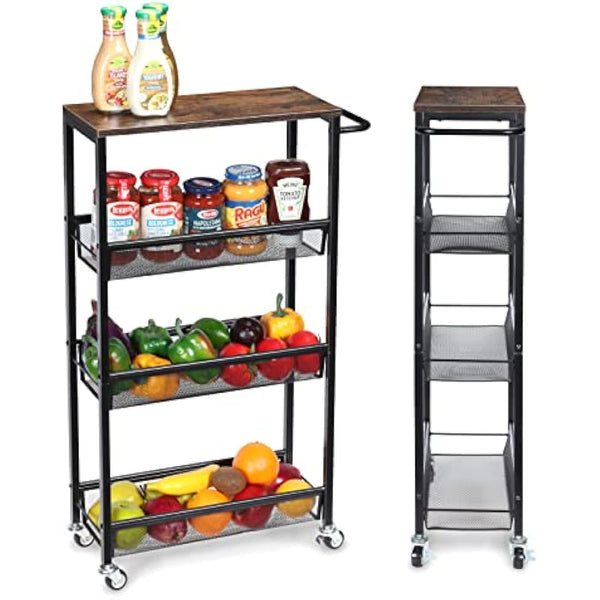 4-Tier Storage Trolley Cart, Slim Storage Trolley, Narrow Storage Unit, Rolling Cart Storage Organizer on Wheels, Mesh Basket Shelf with Handles for Office Bathroom Kitchen Laundry Room