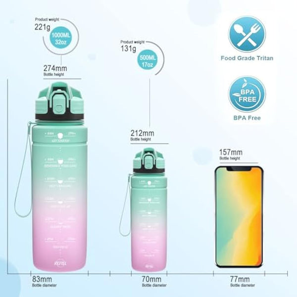 Niggeey Motivational Water Bottle with Time Marker, Sports Water Bottles 1.5l, 1l, 700ml, 500ml Kids Water Bottles, Leak Proof BPA Free Tritan Drink Bottle for School, Gym and Sport, Cycling