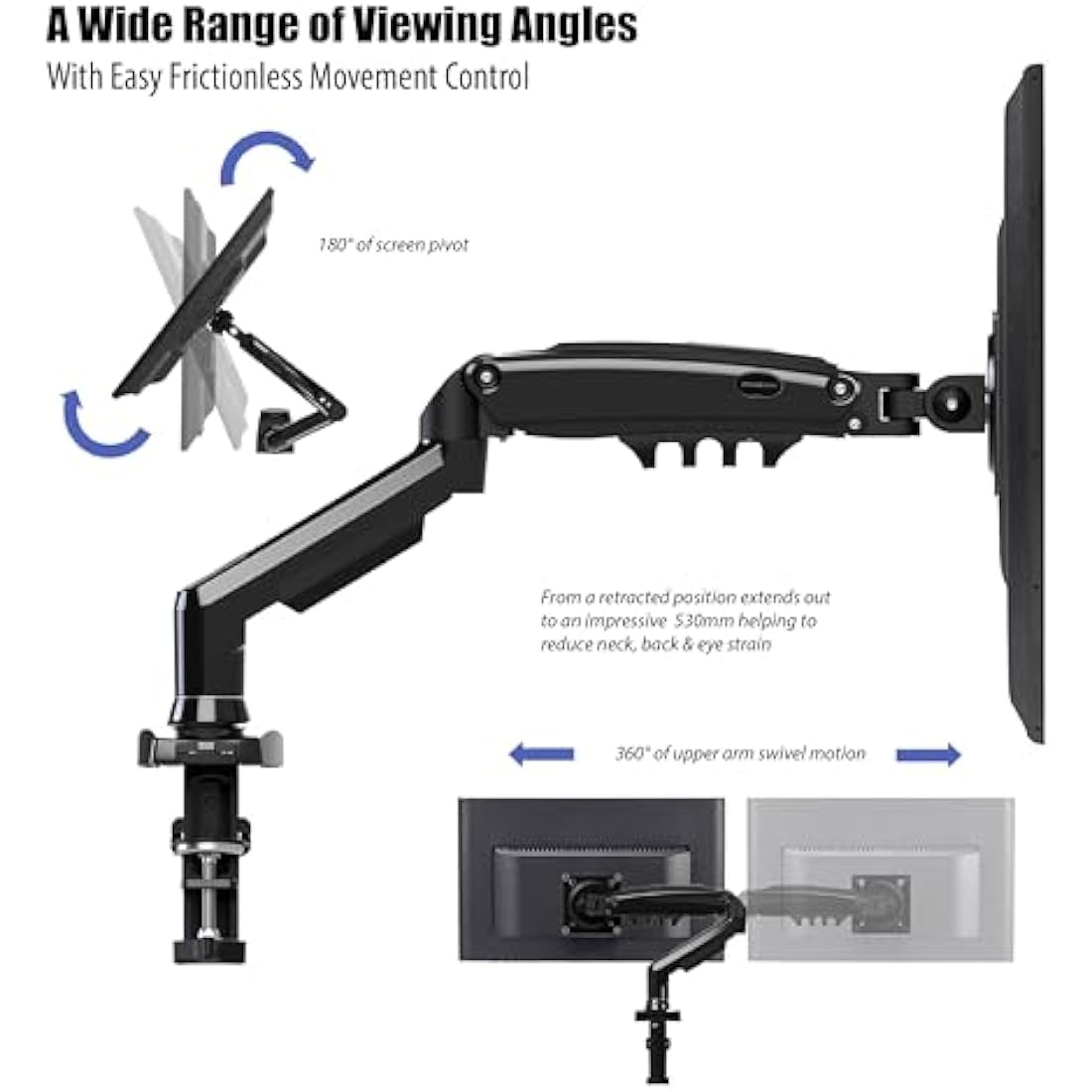 Invision PC Monitor Arm Ergonomic Height Adjustable Gas Assisted Full Motion | Single Arm Desktop Clamp Mount for 17–27” Screens with Tilt Swivel Extend | VESA 75mm/100mm Weight 2kg-6.5kg (MX150)