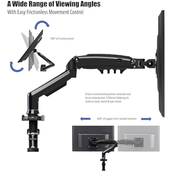 Invision PC Monitor Arm Ergonomic Height Adjustable Gas Assisted Full Motion | Single Arm Desktop Clamp Mount for 17–27” Screens with Tilt Swivel Extend | VESA 75mm/100mm Weight 2kg-6.5kg (MX150)