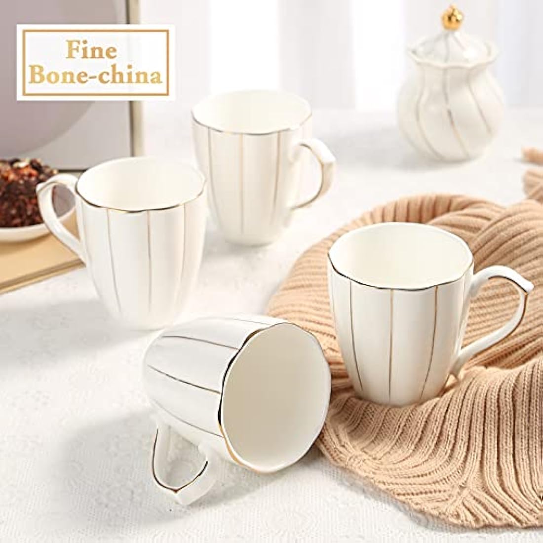 DUJUST Coffee Mug Set of 4(400ml), Luxury British Design with Handcrafted Golden Trims, 1st-Class Bone-China White and Gold Cup Set for Coffee, Tea&Milk, Beautiful&Graceful Top Fine Porcelain Cups