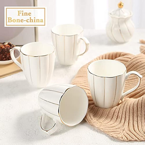 DUJUST Coffee Mug Set of 4(400ml), Luxury British Design with Handcrafted Golden Trims, 1st-Class Bone-China White and Gold Cup Set for Coffee, Tea&Milk, Beautiful&Graceful Top Fine Porcelain Cups