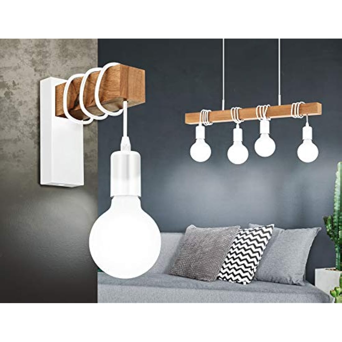 Eglo Townshend Pendant Lamp, 4 Bulbs Vintage Pendant Light in Industrial Design, Retro Hanging Lamp Made of Steel and Wood, Colour: White, Brown, Socket: E27