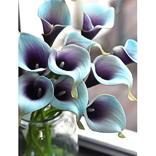 FiveSeasonStuff 10 Stems of Real Touch Calla Lilies Artificial Flower Bouquet, Perfect for Wedding, Bridal, Party, Home Office Décor DIY (Blue & Purple)