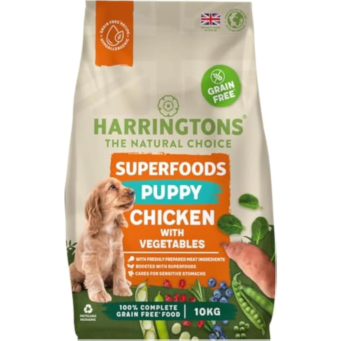 Harringtons Superfoods Puppy Complete Grain Free Hypoallergenic Chicken with Veg Dry Dog Food 10kg - Made with All Natural Ingredients, Packaging may vary