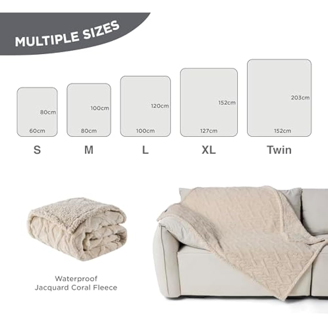 Lesure Washable Dog Blanket Twin - 152x203cm Waterproof Blanket for Dogs and Cats, Twin Patterned Bed and Sofa Couch Throw Protector with Soft Plush, Cream