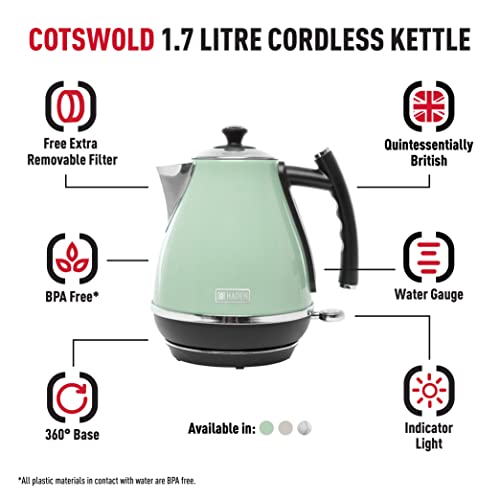 Haden Cotswold Green Kettle - Lightweight - Easy To Clean - 3KW Fast Boil, Stainless Steel Electric Kettle, 360° Base, Boil-Dry Protection - Retro Style Kettle and Toaster Sets