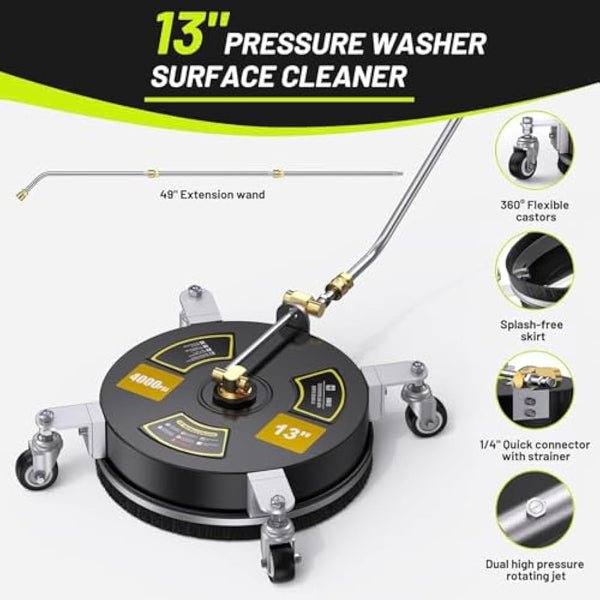 HoldOneLight 2-in-1 Pressure Washer Surface & Undercarriage Cleaner - 13" Power Washer with 3 Extension Wands, 2 Nozzles, 4000 PSI