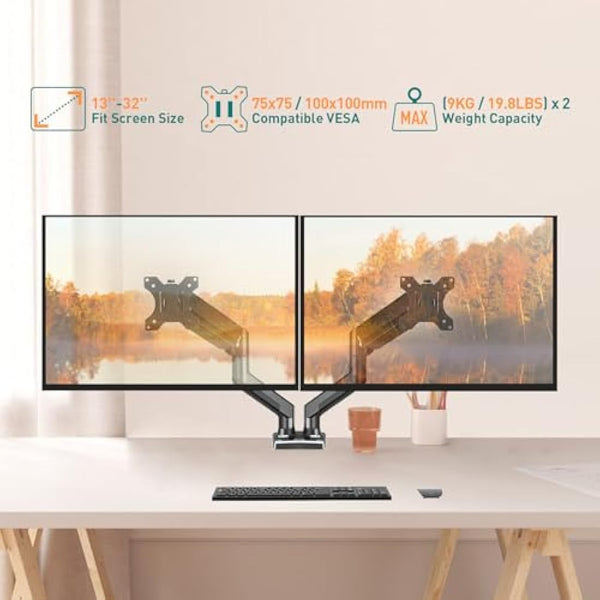 ELIVED Dual Monitor Arm Adjustable, Gas Spring Ergonomic PC Monitor Stand for Most 13-32 Inch Screens with VESA 75x75/100x100, with C-Clamp and Grommet Base, EV005
