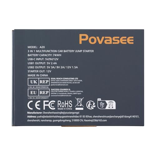 Povasee Jump Starter Power Pack, 2000A Car Battery Booster Jump Starter (up to 8L Gas or 6.5L Diesel) with 3" LCD Display, Car Starter with 2 USB Ports, Jump Leads and LED, Jump Pack for 12V Vehicles