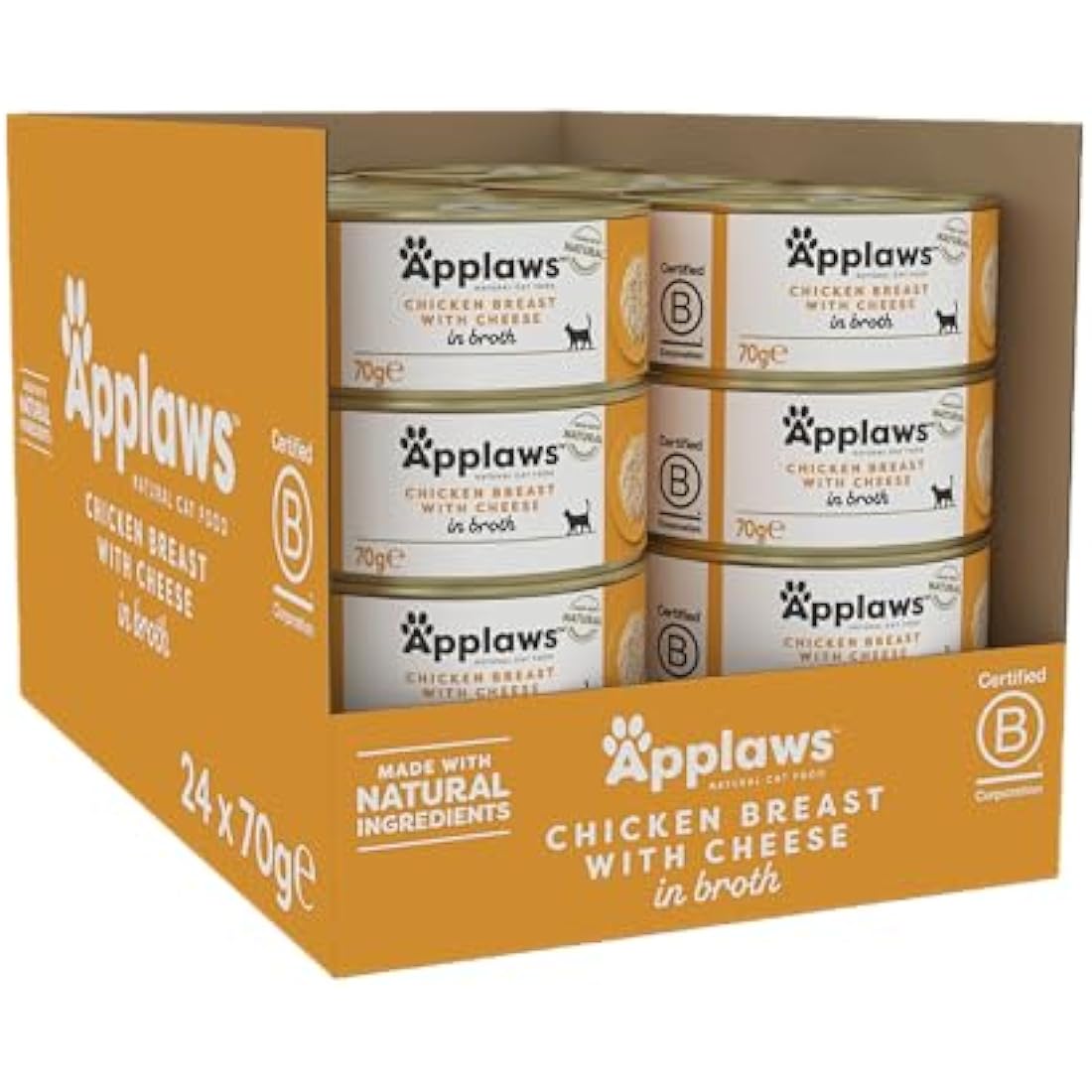 Applaws 100% Natural Wet Cat Food, Chicken with Cheese in Broth, 70 g Tin Cans (Pack of 24)