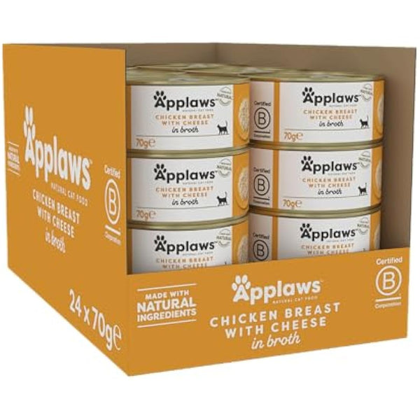 Applaws 100% Natural Wet Cat Food, Chicken with Cheese in Broth, 70 g Tin Cans (Pack of 24)