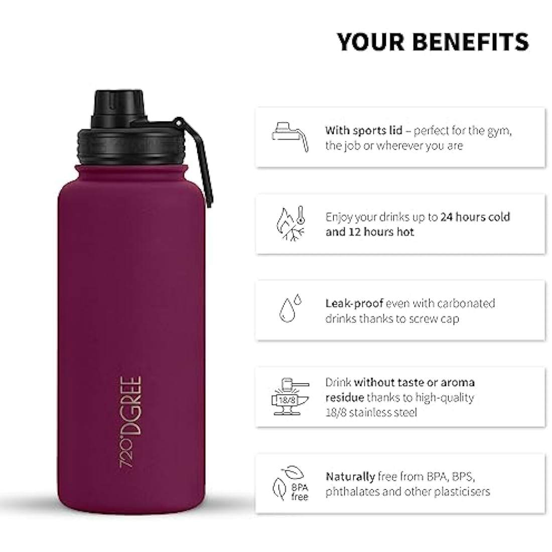 720°DGREE Vaccum Insulated Water Bottle + Infuser “noLimit“ - 950ml - Leakproof, BPA-Free, Thermo Stainless Steel Flask - Carbonated Drinks, Sports, School, Travel, Hiking, Outdoor +Sports-Cap