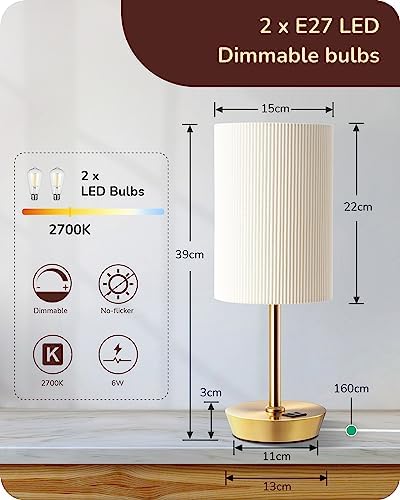 EDISHINE Bedside Lamps Set of 2, Touch Table Lamps with 2 USB Ports, Round Pleated Shade, 3 Way Dimmable Lamp for Bedroom, Living Room, Home Office, Gold (Bulb Included)