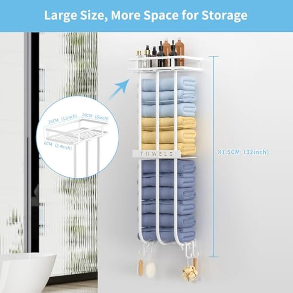 AIRUJIA Wall Mounted Towel Rack with Storage Shelf, Bathroom Towel Holder with 4 Hooks, White