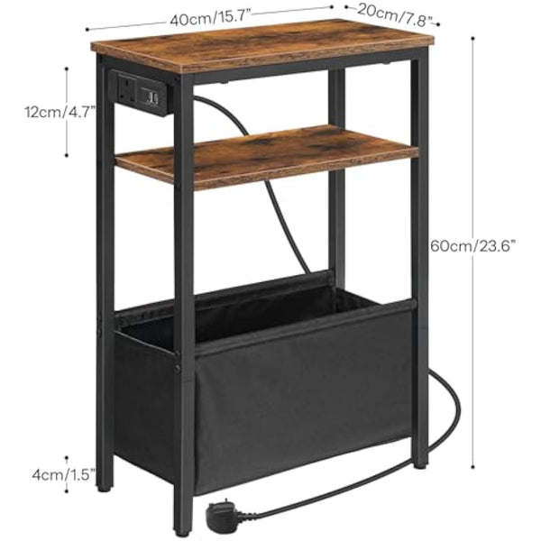 HOOBRO Narrow Side Table, Slim Side Table with Charging Station, USB Ports and Power Outlet, Bedside Table for Small Space, 40 x 20 x 60 cm, for Living Room, Rustic Brown and Black EBF125KBZ01