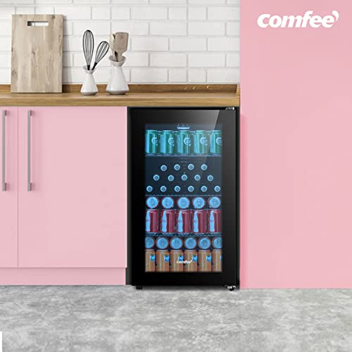 COMFEE' RCZ99BG2(E) Under Counter Beer & Drinks Fridge-93L Capacity,Holds up to 115 Cans, Premium Temperature Performance (2℃ to 15℃), Full Length Low-E Glass, Removable Shelves, LED Light, Low Noise
