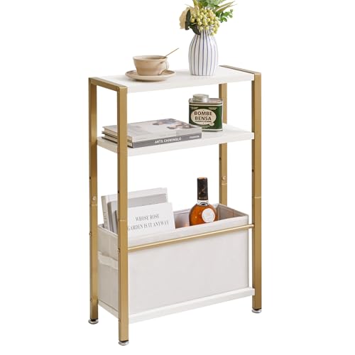 Aibiju Narrow Side Table,3-Tier Slim End Table with Fabric Basket, Modern Sofa Table for Narrow and Small Spaces,with Gold Metal Frame,White YD-TM052J
