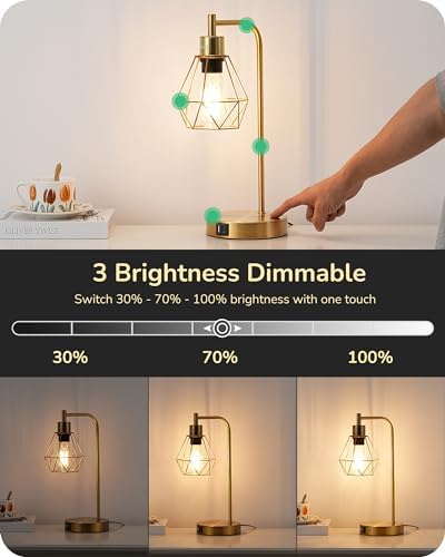 EDISHINE Bedside Lamps Set of 2, Dimmable LED Table Lamp, Diamond Cage Lampshade, USB Charging Ports, Touch Lamps for Living Room, Bedroom, E27 Socket, Bulb Included, Gold