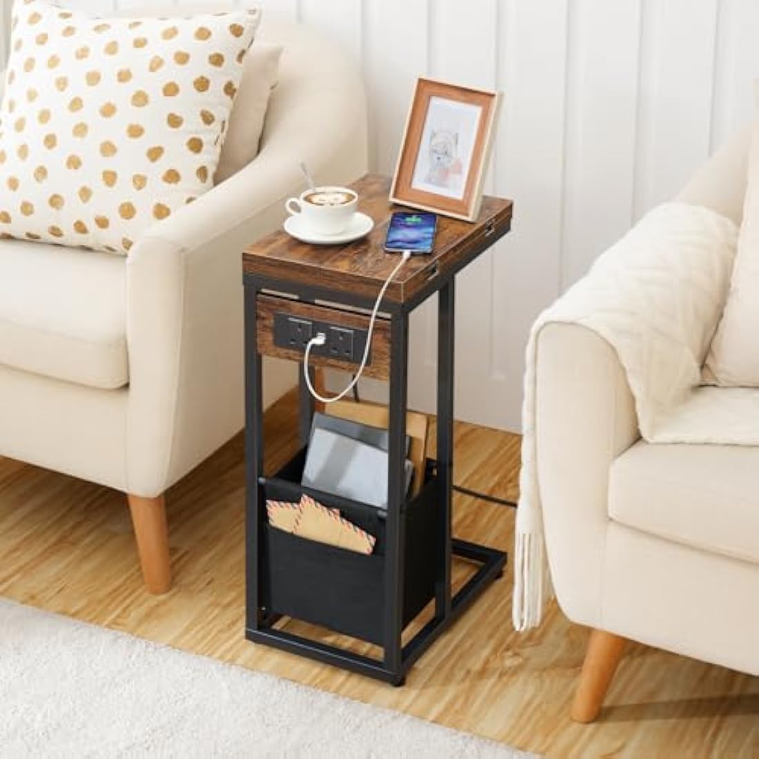 HOOBRO Bedside Table with Charging Station, C Shaped Side Table, Foldable Sofa Side Table Small Tables, 2 USB Ports and 2 AC Outlets, Laptop Table with Fabric Bag, Rustic Brown and Black EBF30KSF01