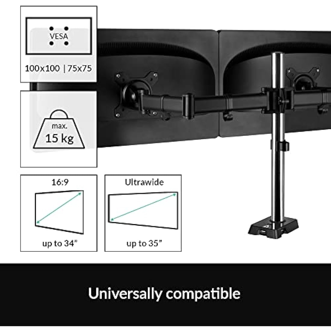 ARCTIC Z2 (Gen 3) - Double Monitor Arm, Monitor stand for up to 34"/35" Ultrawide, up to 15 kg (33 lbs) per Arm, USB Hub, Easy Monitor Adjustment, Flexible - Matt black