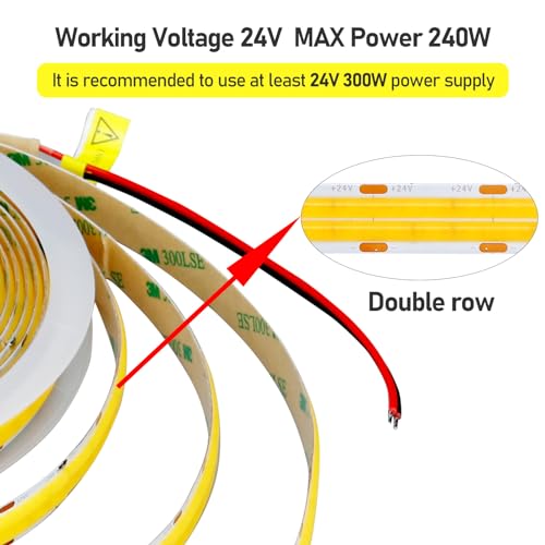 GOMING 32.8ft(10M) 24V Double Row COB LED Strip Light Natural White 4000K 6000LEDs CRI 93+ 20000lm Uniform Glow Dotless Not Waterproof IP20 Flexible