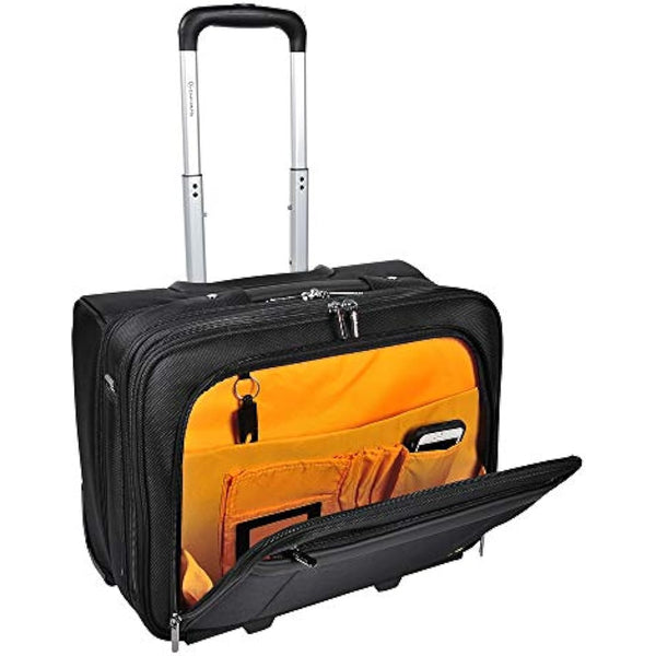 Exacompta - Ref 18534E - Exactive - Exatrolley Travel Suitcase With Wheels and a Telescopic Handle - 450 x 250 x 395mm in Size, Padded Compartment for a 15.6" Laptop - Black & Orange