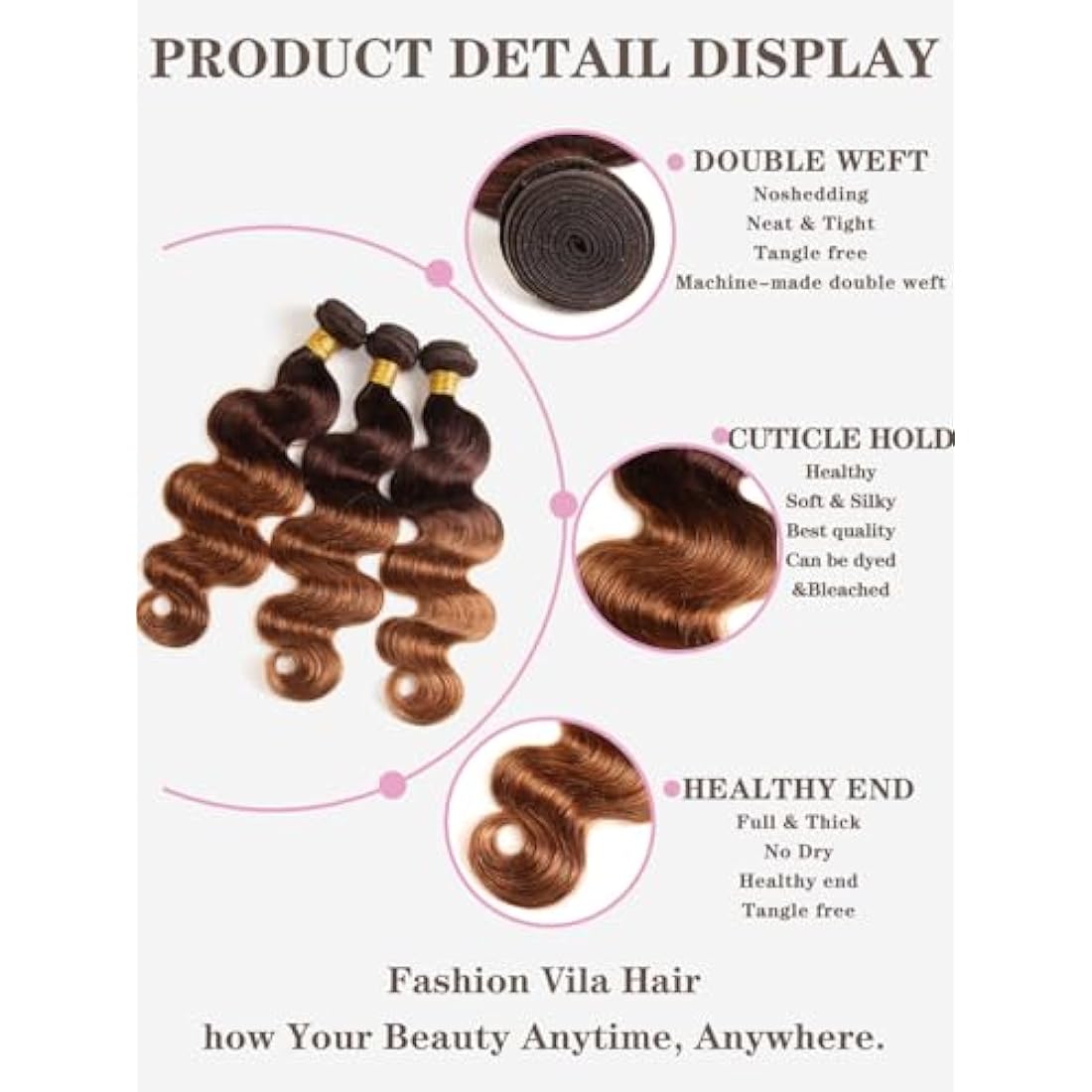 2 Tone Ombre Brazilian Body Wave Hair 3 Bundles Brazilian Remy Virgin Human Hair Weave Bundles 100% Unprocessed Body Wave Human Hair Extensions T4/30 Medium Brown/Medium Auburn(14 16 18)