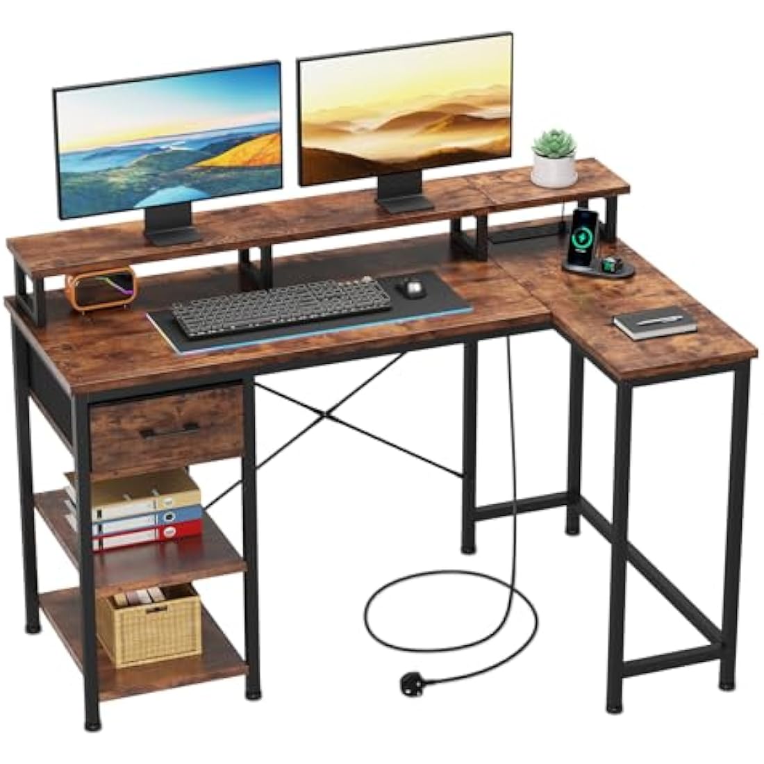 Dripex L Shaped Desk with Power Outlet Corner Computer Desk with Storage Shelves & Fabric Drawer, Study Writing Table Gaming Desk for Home Office L120xW80xH88cm