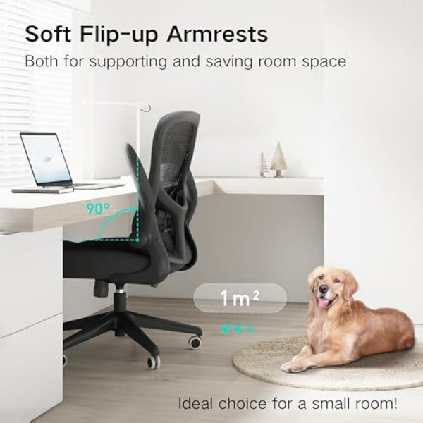 Hbada Office Chair Ergonomic Desk Chair, Office Desk Chairs with PU Silent Wheels, Breathable Mesh Computer Chair with Adjustable Lumbar Support, Flip-up Armrests, Tilt Function, Black