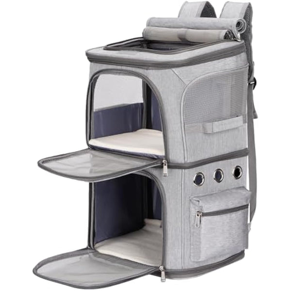FASNATI Double-Compartment Pet Carrier Backpack, Cat Carrier Backpack for 2 Cats, Small Dogs, Perfect for Traveling/Hiking/Camping, Grey, XL