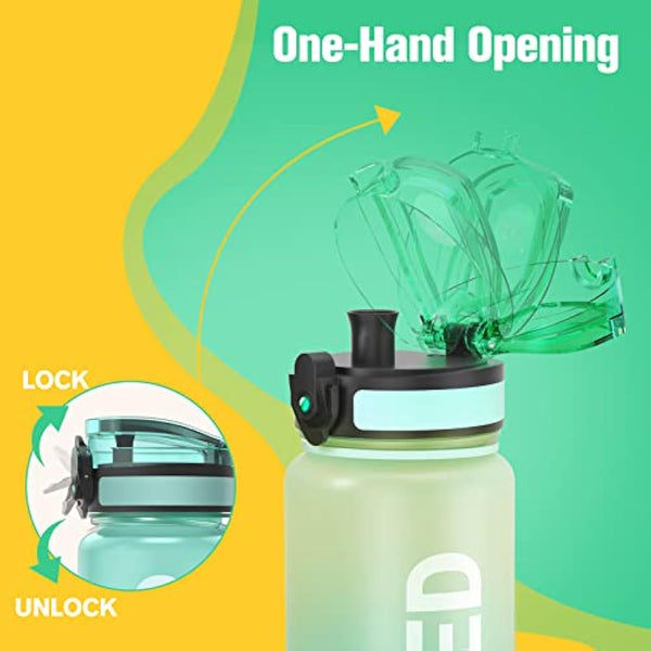 Sahara Sailor Leakproof Water Bottle 1L/500ML/750ML, Tritan BPA Free Motivational Sport Drinks Bottle with Clear Time Marker, Lock Cover, Easy Clean Brush, Durable for Gym, School, Cycling (1 Bottle)