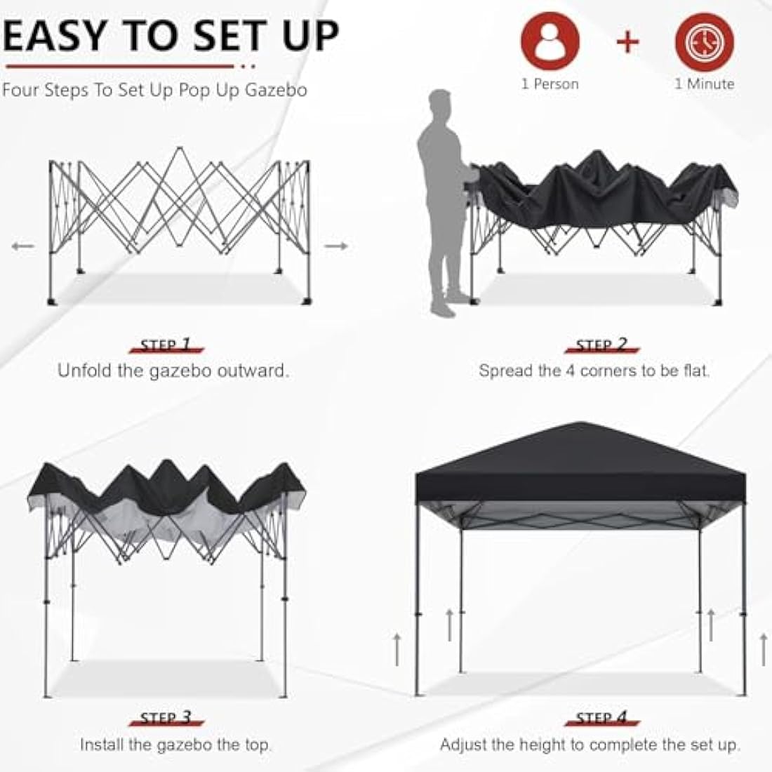 ABCCANOPY 2.5x2.5M Pop Up Gazebo Commercial Gazebo With Upgraded Roller Bag, 4 Weight Bags, Stakes and Ropes (Black)