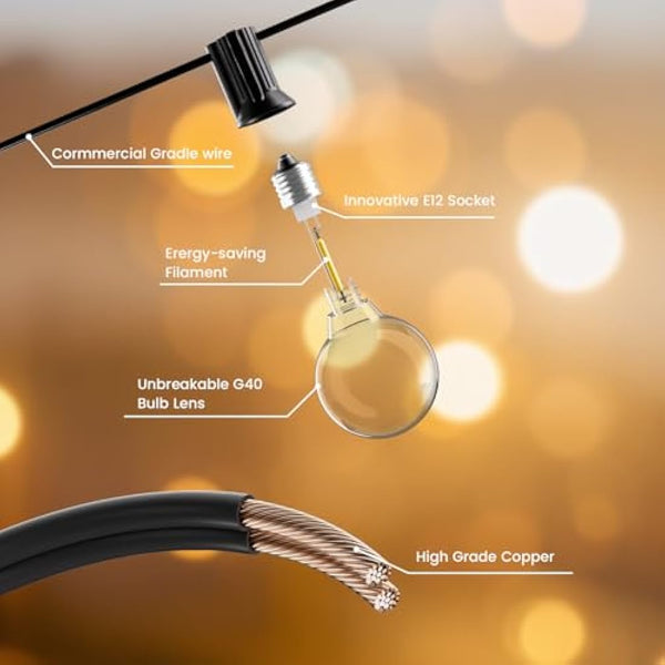 Yuucio 150FT Outdoor String Lights LED Mains Powered, 45M G40 Garden Festoon Hanging w/ 75+2 Plastic LED Bulbs Waterproof IP45 Globe Lighting Patio Party Bar Porch Halloween Decorations, Warm White