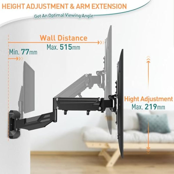 ELIVED TV Wall Bracket Height Adjustable Gas Spring Arm Monitor Wall Mount for Most 23"-55" LED, LCD, OLED Flat or Curved TVs with VESA 100x100mm-400x400mm up to 25KG, Full Motion Corner TV Mount