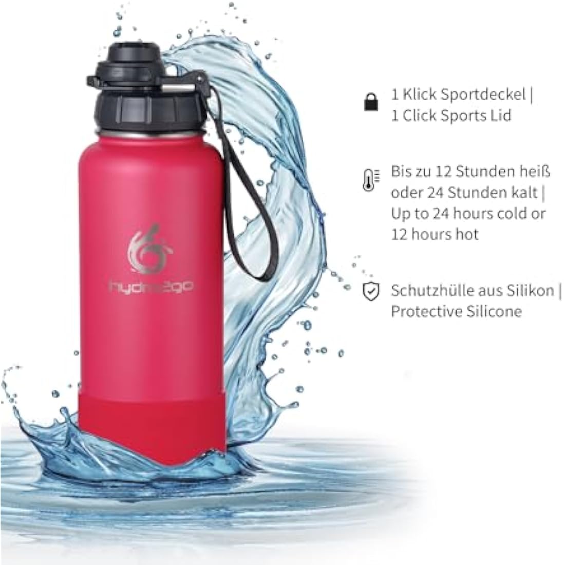 hydro2go Stainless Steel Water Bottle with Sports Lid – BPA-Free, Leak-Proof, Insulated Bottle for Sports & Outdoors, Keeps Drinks Cold 24h / Hot 12h (Magenta, 950 ml)