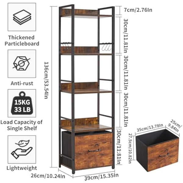 Aibiju Shelf Bookcase, 5-Tier Industrial bookshelf with Fabric Cloth drawers, Free Standing Shelf for Living Room, Bedroom, Kitchen,Office,Steel Frame, Rustic Brown YD-BC001H
