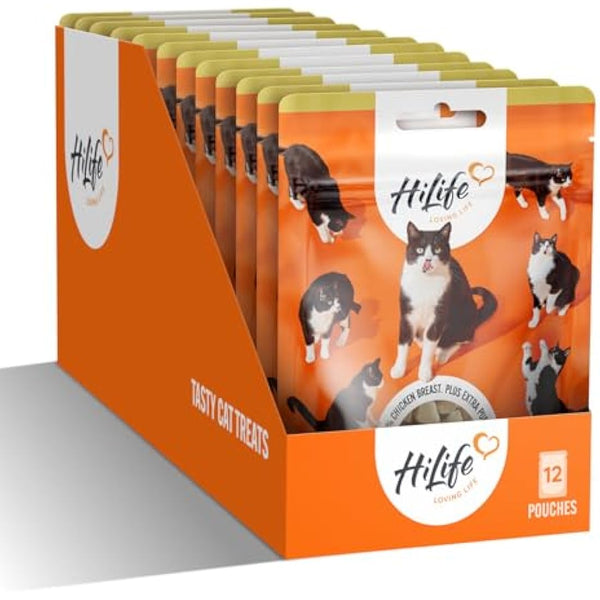 HiLife Chicken Breast Cat Treats, Freeze Dried & Grain Free Chicken Treats for Adult Cats, Made With 100% Natural Ingredients, Suitable for Indoor & Outdoor Cats (12 Bags x 10g)