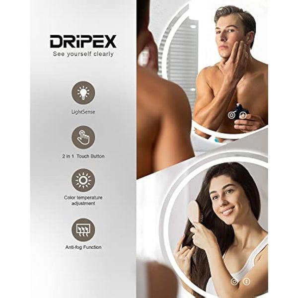 Dripex 700mm Round Bathroom Mirror with LED Light, Illuminated Circle Makeup Vanity Mirror with Demister Pad, Anti-fog, 3 Lighting Modes, Dimmable, Wall Mounted, Front+Backlit, IP44