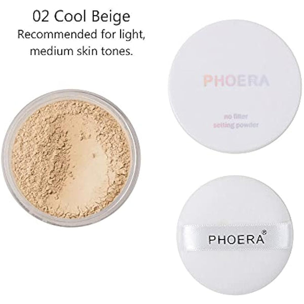 AQUAPURITY - PHOERA Loose Makeup Setting Matte Face Powder + Puff, Long Lasting Lightweight Foundation Make Up Fixer Beauty Blender Highlighter Palette Flash Photography (102 - Cool Beige)