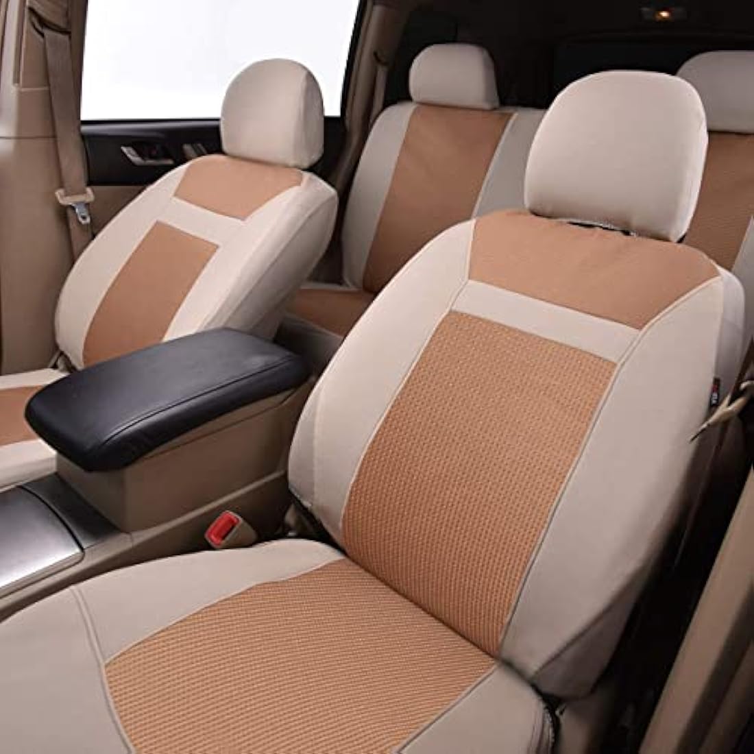 Flying Banner Breathable Jacquard Car Seat Covers Full Set Universal Fit Airbag Compatible Protector (Beige)