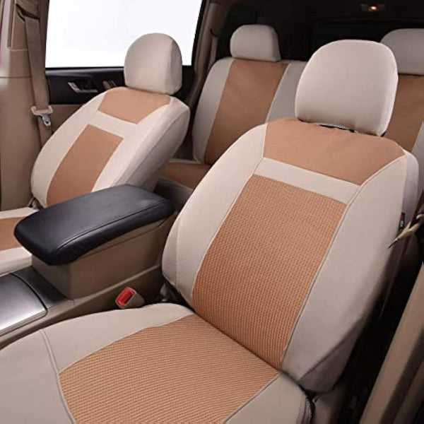 Flying Banner Breathable Jacquard Car Seat Covers Full Set Universal Fit Airbag Compatible Protector (Beige)
