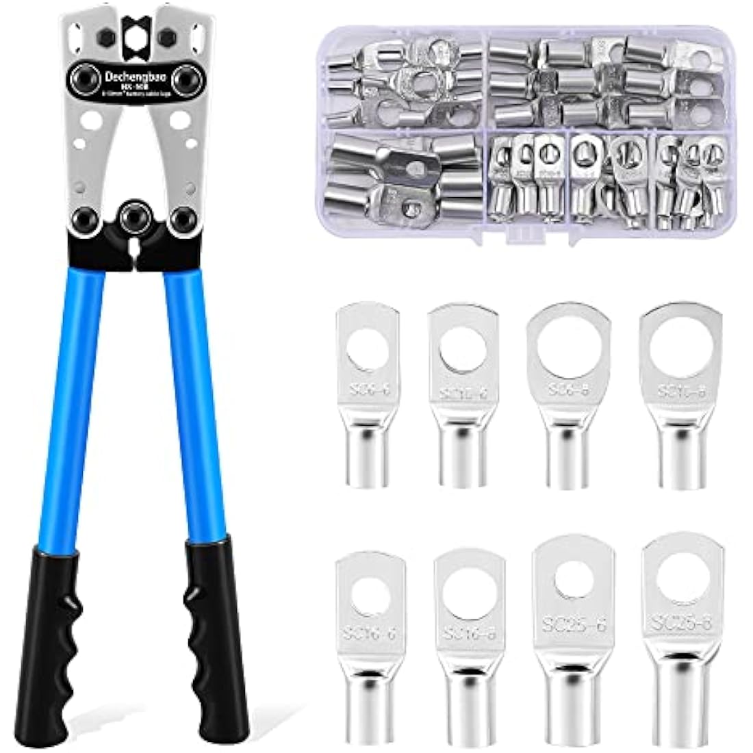 HX-50B Battery Cable Lug Crimping Tools Hand Electrician Pliers for Crimping Wire Cable from 6-50mm²(AWG 8-1/0) with Thickened and Reinforced The Metal Plate (HX50B Crmper +60PCSTerminals)