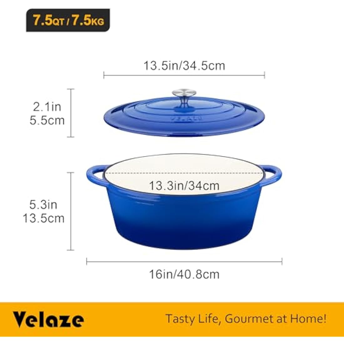 Velaze Cast Iron Enamel Cooking Pot,Non Stick Dutch Oven Pot,Casserole Dishes with Lids Oven Proof,Non-Stick Enameled Dutch Oven for All Cooktops 34cm/7.5L(Blue)