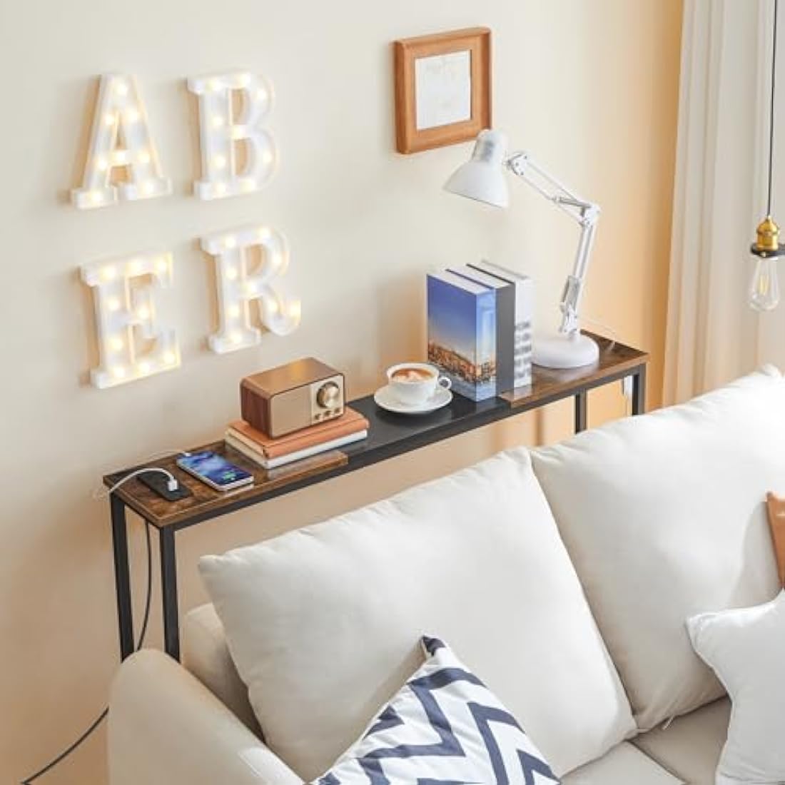 HOOBRO Console Table with Charging Station,114 cm Behind Sofa Table, Slim Console Table for Hallway, with Power Outlet, for Entryway, Living Room, Small Spaces, Rustic Brown and Black EBF114KXG01