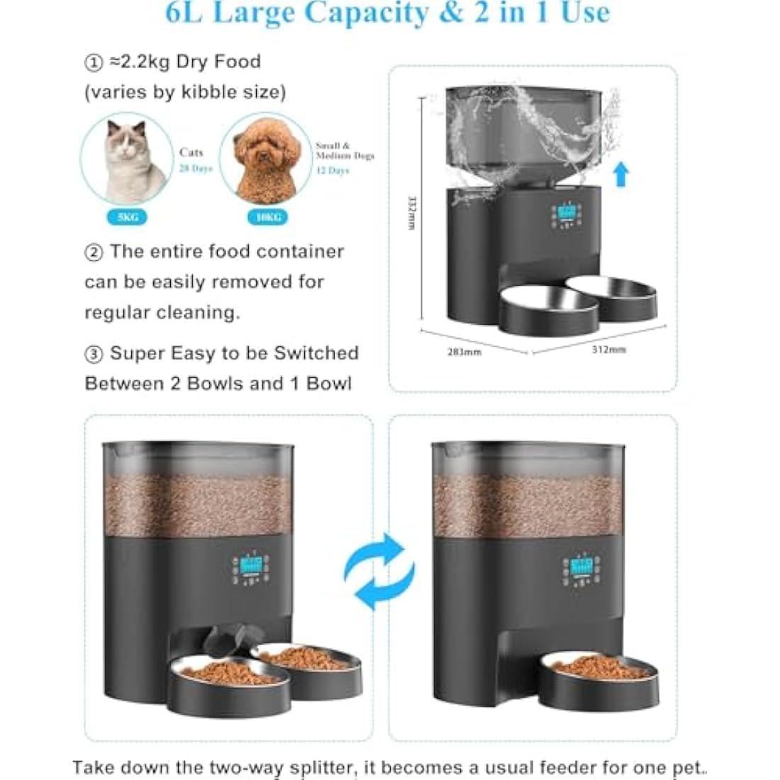 HoneyGuaridan Automatic Cat Feeder 2 Bowls, 6 L Automatic Feeder for Cats with Timer, Splitter and 2 Stainless Steel Bowls, 1-6 Meals a Day & 10s Voice Message - for Small/Medium Pets