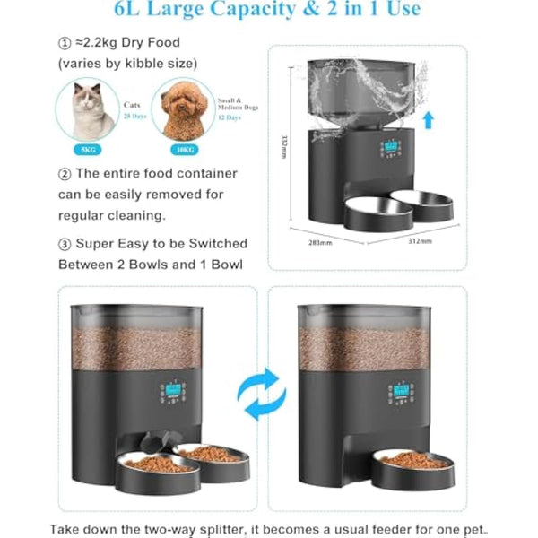 HoneyGuaridan Automatic Cat Feeder 2 Bowls, 6 L Automatic Feeder for Cats with Timer, Splitter and 2 Stainless Steel Bowls, 1-6 Meals a Day & 10s Voice Message - for Small/Medium Pets