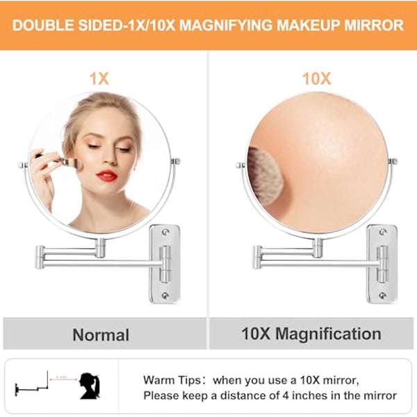 FFowcye 8" Wall Mounted Makeup Shaving Mirror - 1X/10X Double-Sided Magnifying Bathroom Vanity Mirror, 360° Swivel Extendable with Adjustable Arm, Chrome Finish for Makeup (No Light)